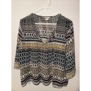 Ariat Women's Sheer Pattern Blouse Medium V‎ Neck 3/4 Bell Sleeve Western Boho